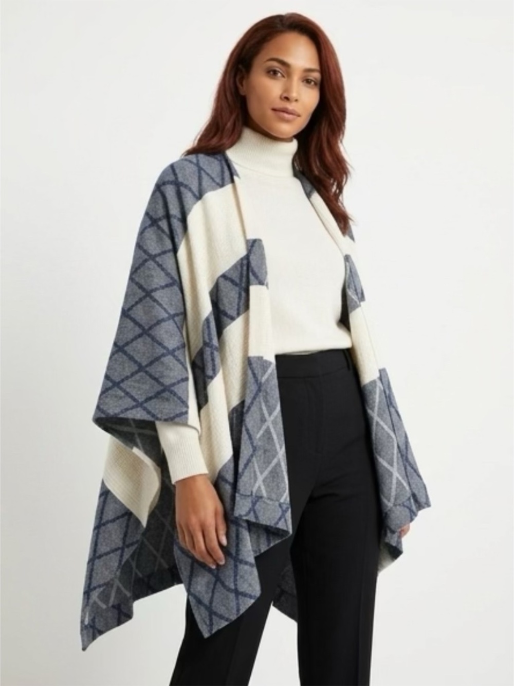 Tory Burch Poncho Wrap Cardigan Color Blocked Blue
